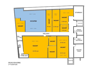 A 2nd floor plan diagram of an Erlag building, showing room layouts, unit assignments, and labels such as occupied, vacant, stairway, elevator, and fire exit on a white background.