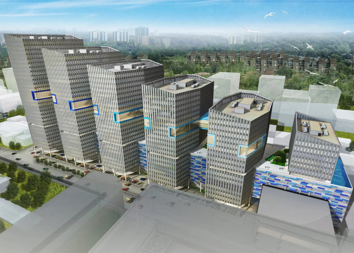 A 3D architectural rendering of a modern commercial building complex, featuring several tall gray towers with blue accent details, surrounded by green landscaping and other building structures under a blue sky.