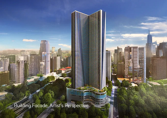 A digital architectural rendering of a modern skyscraper with a distinctive double-tower design, showcasing a detailed building facade. The tower is surrounded by a lush green park and a dense city skyline under a blue sky.