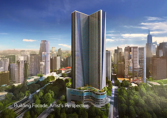 A digital architectural rendering of a modern skyscraper with a distinctive double-tower design, showcasing a detailed building facade. The tower is surrounded by a lush green park and a dense city skyline under a blue sky.